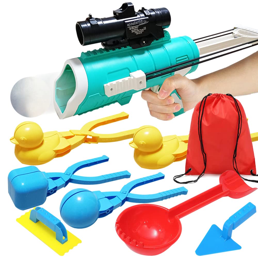 Snowball Maker Toy Kit with Snowball Blaster Gun, 9 Pcs Winter Snow Toys with 2 Duck/1 Round/1 Square Shaped Snowball Clip, Snowball Launcher/Carry Bag, Outdoor Snow Fight Toy for Kids/Adults