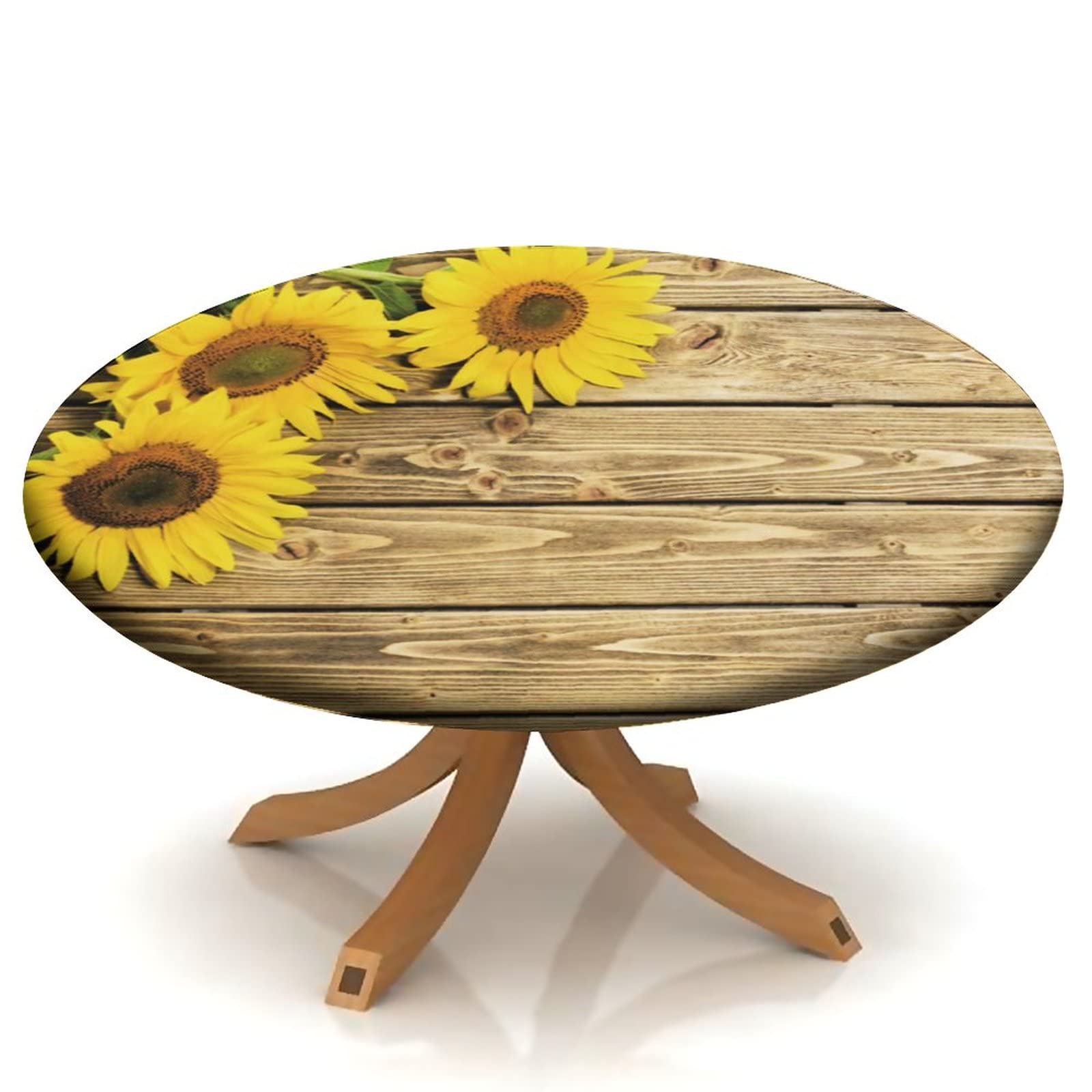 igoga sports Sunflower Fitted Tablecloth Round with Elastic, Wood Grain Spring Edge Table Cover Pad for Outdoor Picnic Party or Indoor Kitchen Patio Dining Table Decor Fits Tables Up to 40'' Diameter