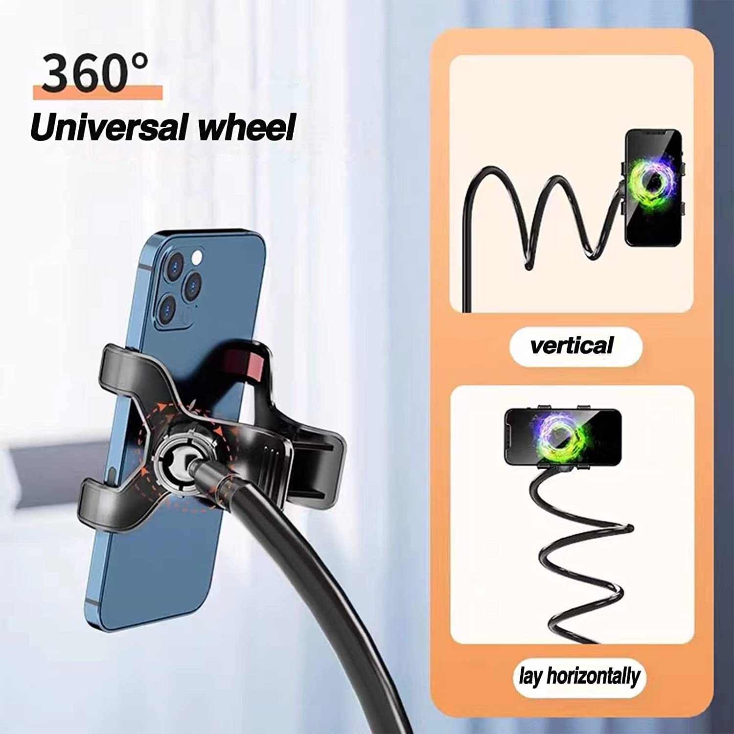 Support Lit Bureau Clip Réglable Cou Flexible Portable Support Téléphone Avec Col De Cygne, Avec Bras Rotatif Et Réglable à 360 Degrés, Universelle Flexible Support Col De Cygne Pour 4-6.3 Pouces Smartphone