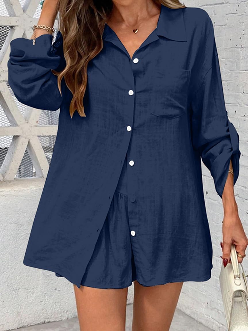 Générique Ensemble Femme Été 2 Pièces Chemise Manches Longues et Short en Coton Lin Tenue Chic Décontractée Loungewear Vacances Plage