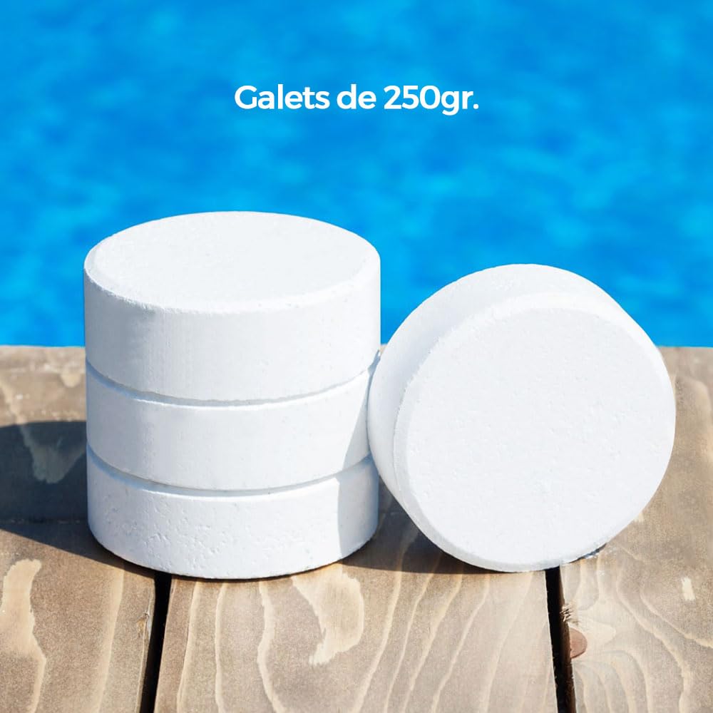 Galets de Chlore Lent 250g - Haute Teneur en Chlore (90%) -Seau de 5kg - chloration permanente hautement Efficace Contre Les bactéries, fabriquer en Europe