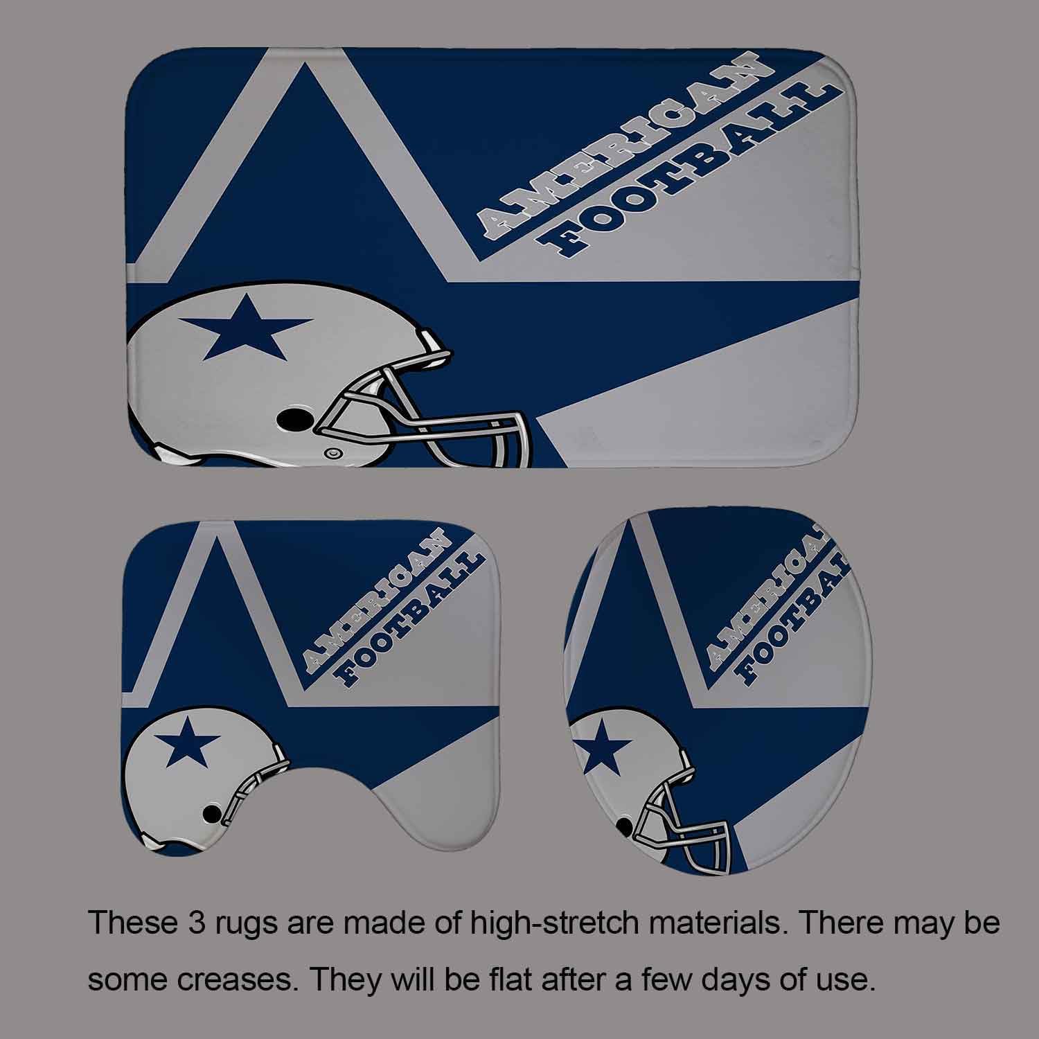 Namdeva 4PCS Sports Shower Curtain Set, American Football Helmet Texas Star Quotes Touchdown Man Cave Grey Royal Blue White Striped Modern Bathroom Decor, Non-slip Bath Mat, Gifts for Men Teenage Boys