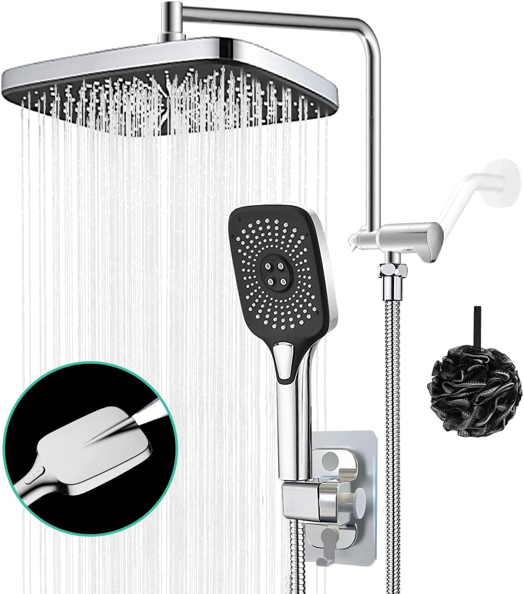 12" Rain Shower Head with Handheld Spray 4 Settings High Pressure
