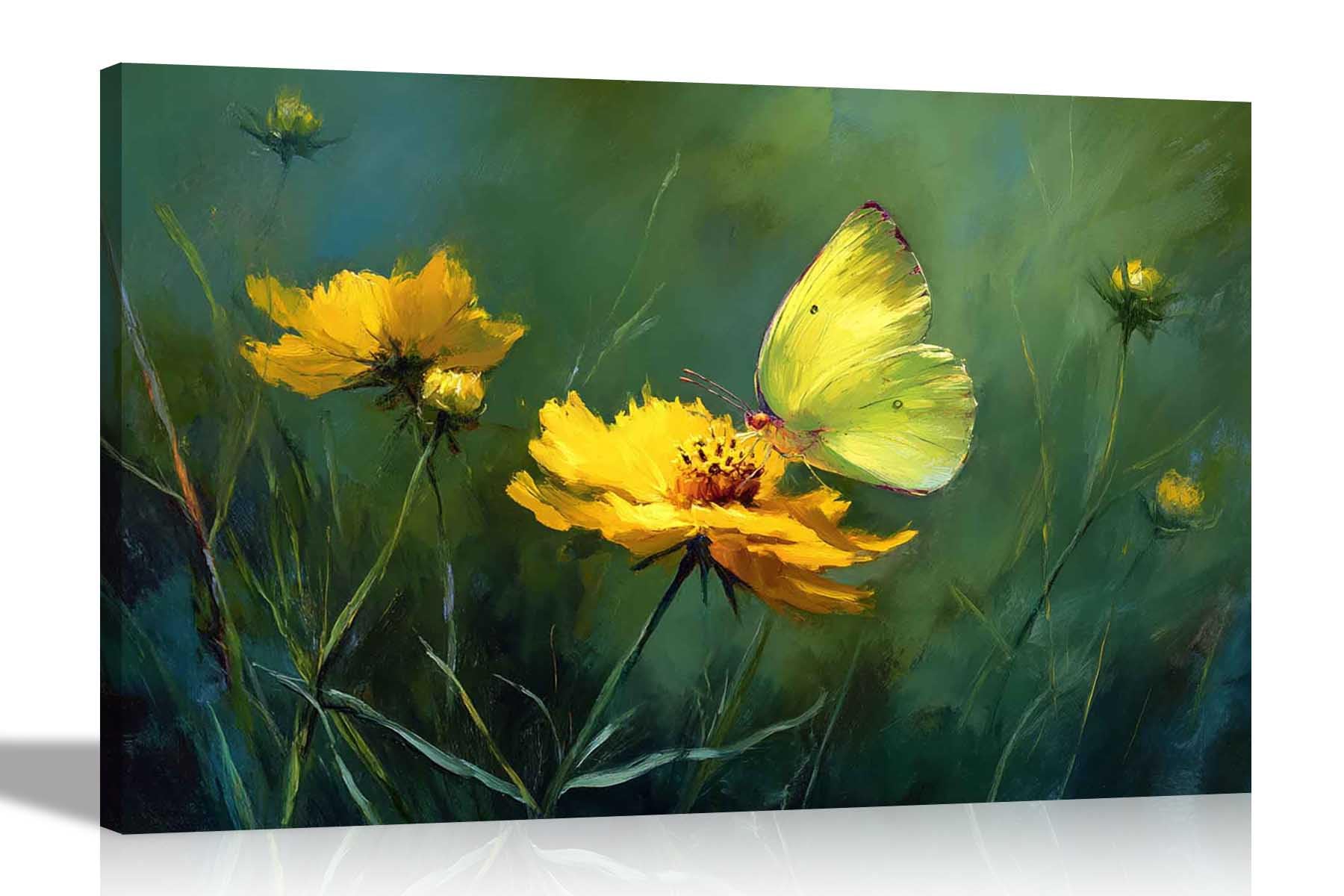 Artley Prints - Abstract Butterfly and Flowers Canvas Wall Art Framed Floral Pictures Contemporary Prints Home Conservatory 51 x 35cm (20 x 14 inches)