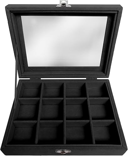 Miniatura 4 de Jemjosh Tapa de acrílico transparente, 12 rejillas, bandeja de terciopelo para joyería, apilable, almacenamiento de aretes, collares, anillos,