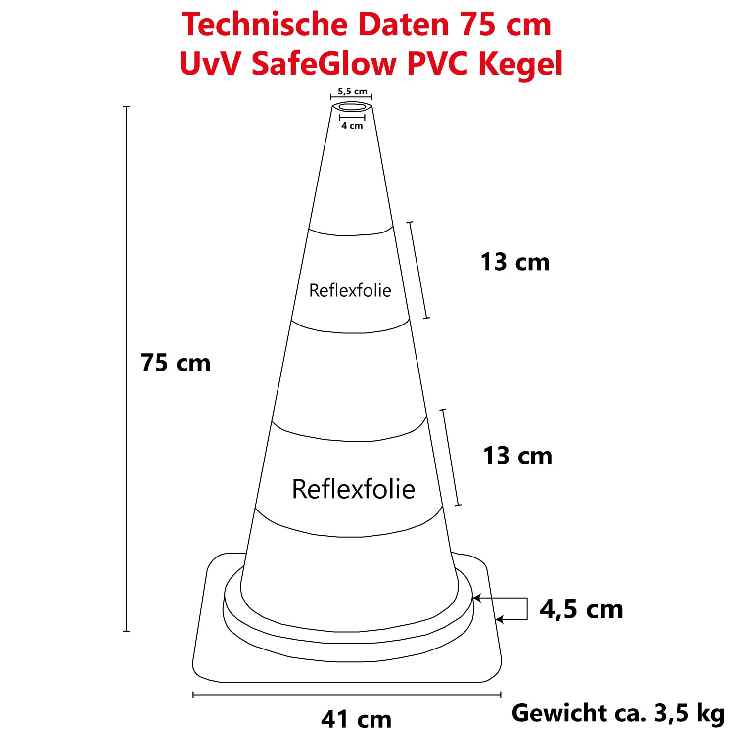 UvV SafeGlow Leitkegel | Farbe orange| PVC | reflektierende Folie | Höhe 30, 50 oder 75 cm | stabile und standfeste Ausführung (VPE: 2 Stück, Höhe: 75cm - Folie RA1)