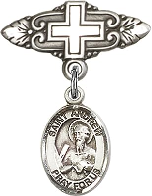 Sterling Silver Baby Badge with St. Andrew The Apostle Charm and Badge Pin with Cross 1 X 3/4 inches