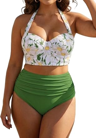 ROSE GAL Women Plus Size Daisy Print Bikini Halter Push Up Two Piece Swimsuit Tummy Control Bathing Suit