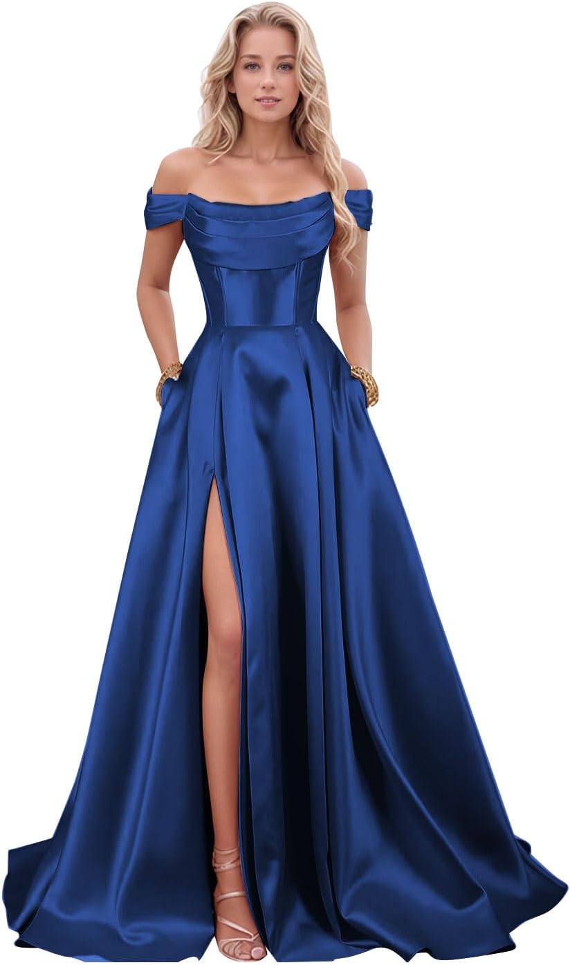 ALFEICE Satin Prom Dresses with Slit Strapless A Line Corset Ball Gowns Off Shoulder Formal Evening Gowns with Pockets
