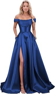 Women's Satin Prom Dresses with Slit Strapless A Line Corset Ball Gowns Off Shoulder Formal Evening Gowns with Pockets