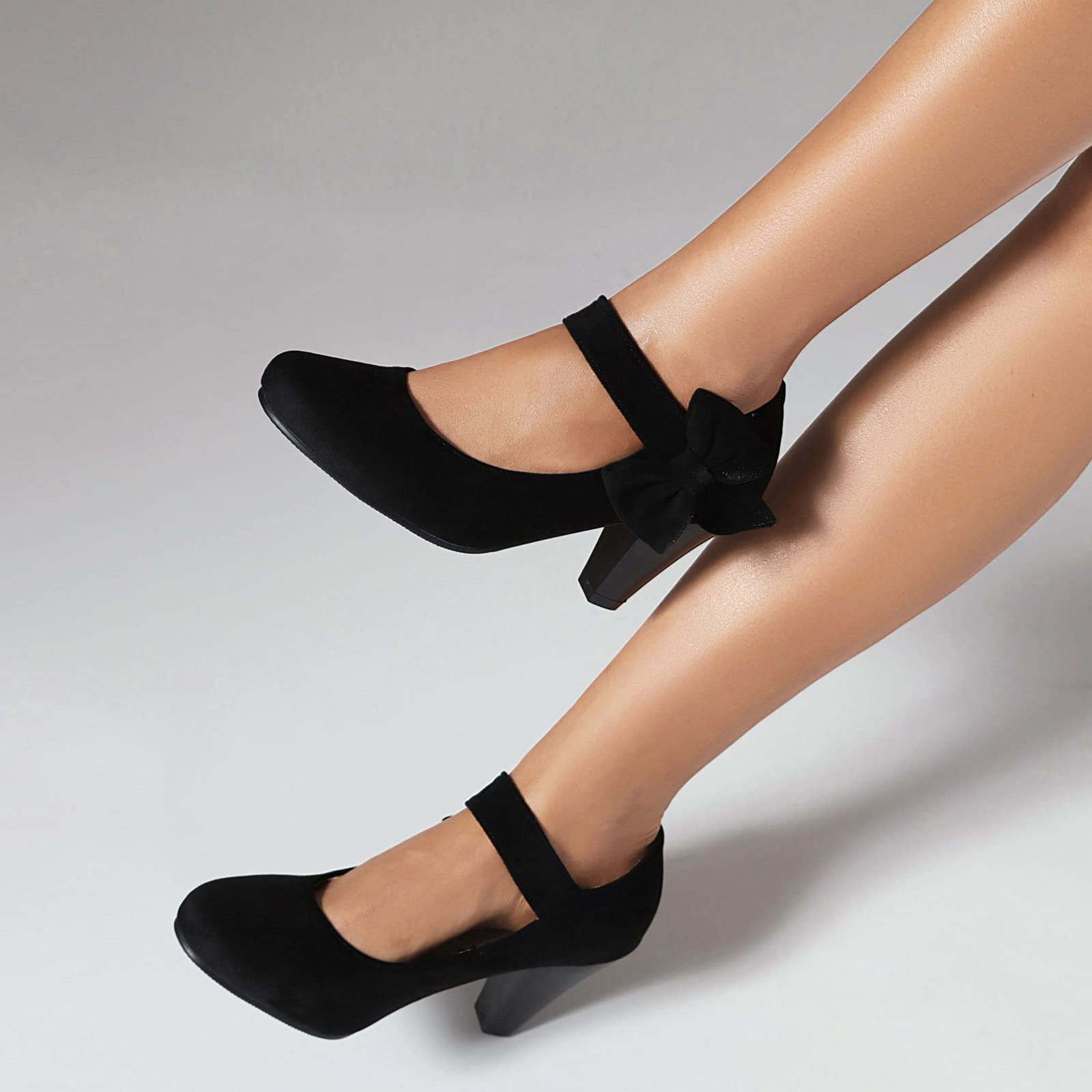 elerhythm Damen Mary Jane Vintage Heels mit Schleife Gatsby 1950er Pumps Closed Toe 1920er Jahre viktorianische Knöchelriemen Faux Wildleder Schuhe