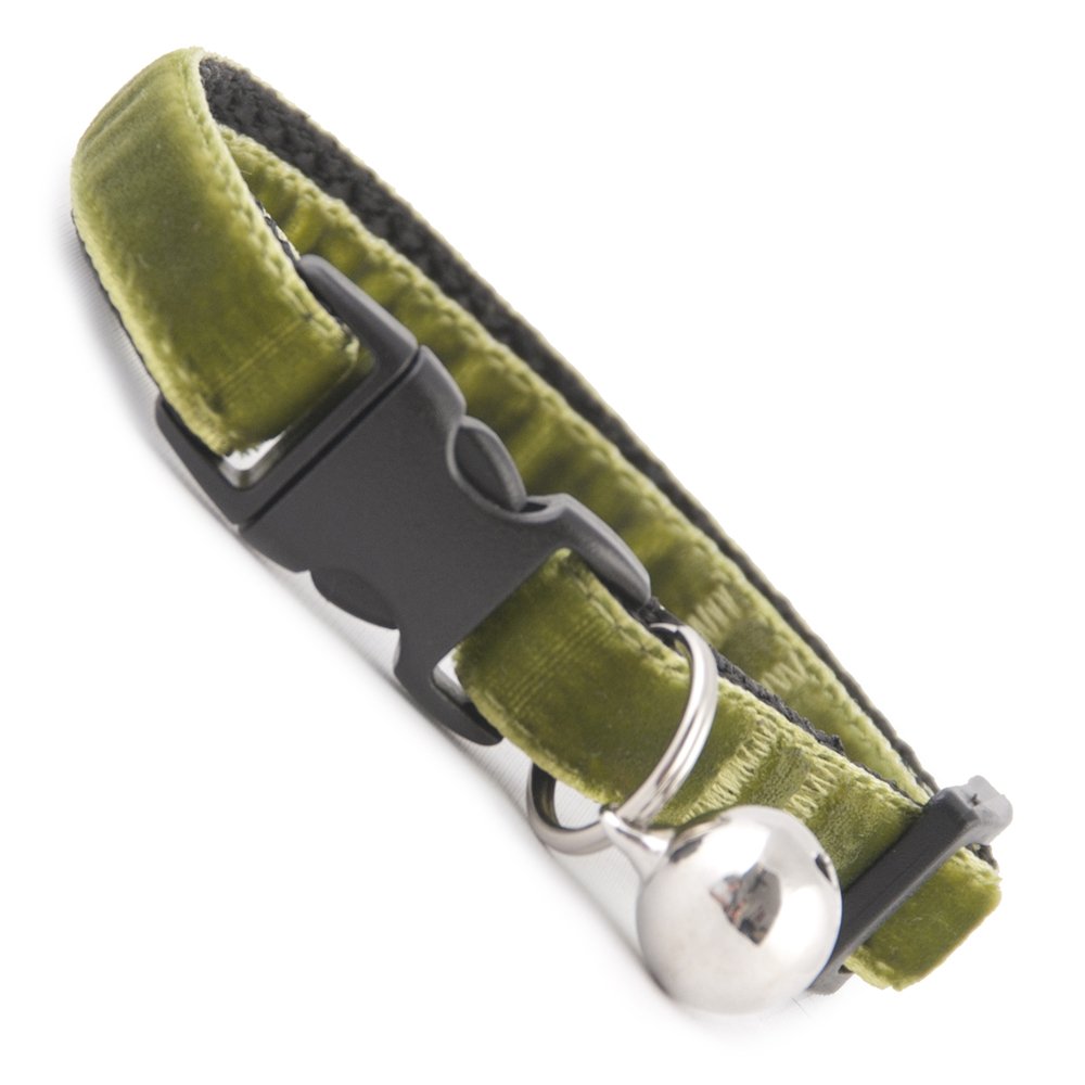 Cool Cat Collars Kitten Collar | Olive Green Double Velvet | Extra Soft | Removable Bell | UK Made | Safety Release Buckle