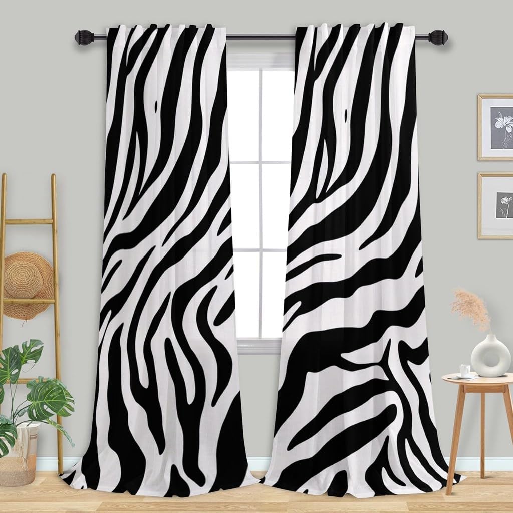 Zebra Print Semi Sheer Curtains Skin Texture Striped Abstract Art Printed Rod Pocket Light Filtering Window Panels for Living Room, 2 Pieces Total 104 Inch Wide, 96 Inch Long