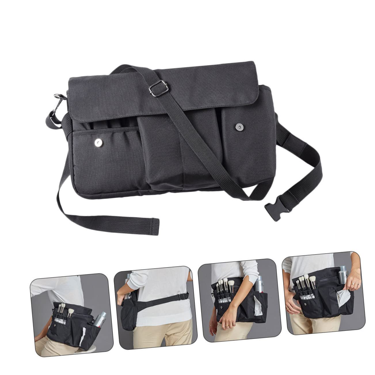Borsa Porta Trucchi da Viaggio in Tela Nera, Organizer per Pennelli con Cintura, Portatile e Comoda, Pratica per Utilizzo Quotidiano