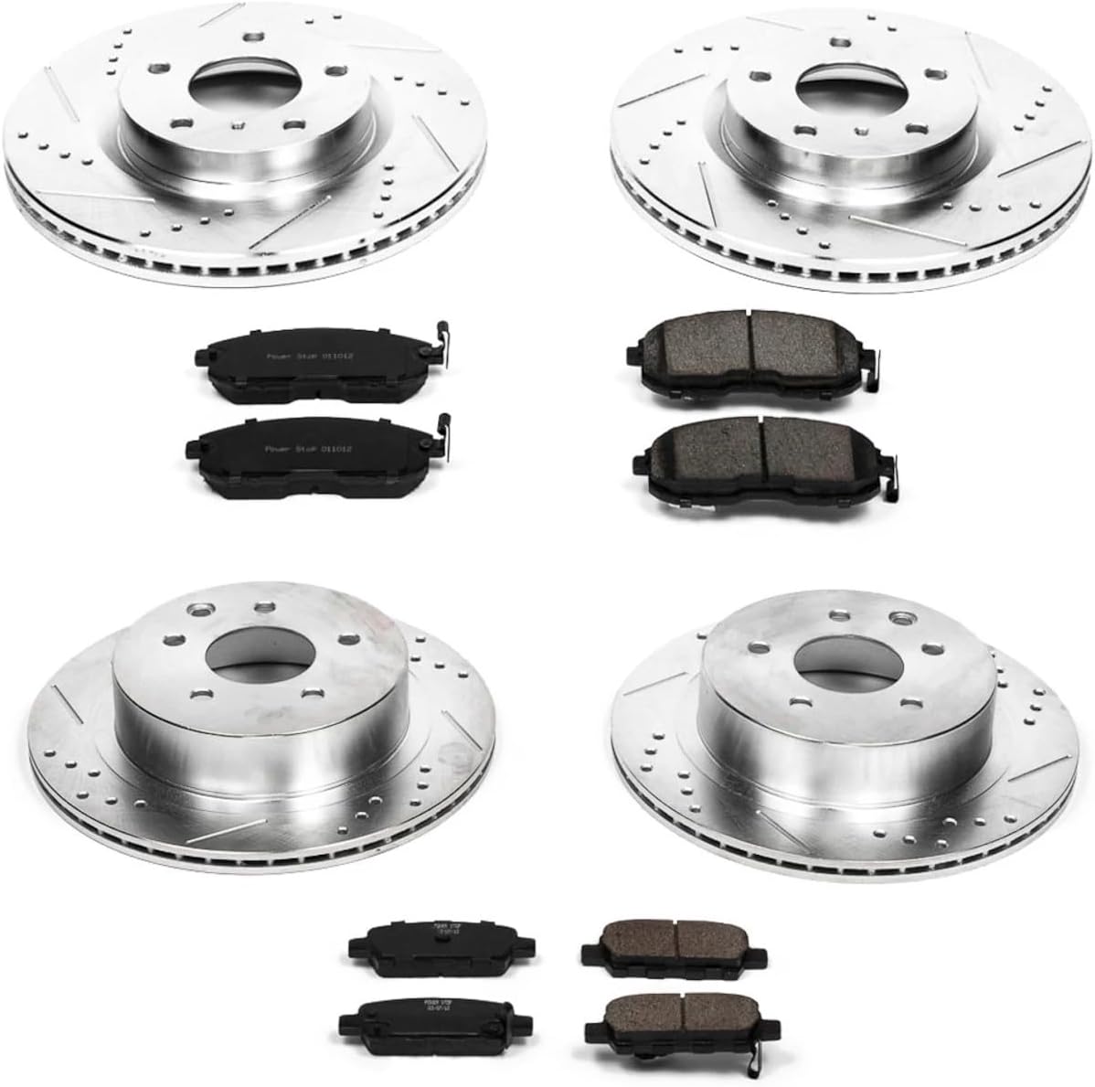 PowerStop Front and Rear Brake Kit For Infiniti G35 2003-05 | Nissan 350Z 2003-05 - Drilled and Slotted Disc Rotors with Ceramic Brake Pads Replacement, K2710