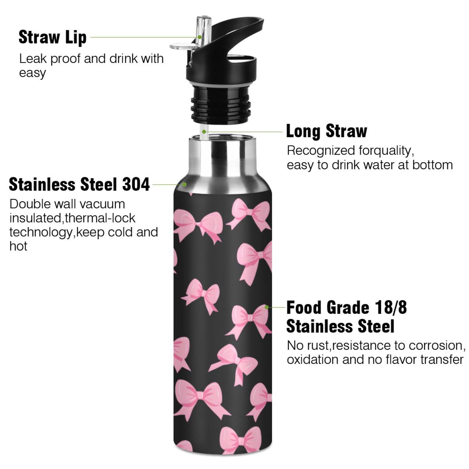 ALAZA Borraccia termica in acciaio inox con tappo a cannuccia, colore nero, con fiocco rosa, 590 ml