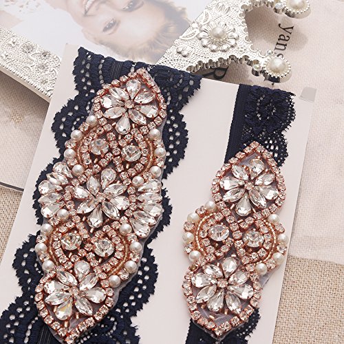 yanstar Wedding Bridal Garter Belt Navy Stretch Lace Bridal Garter Sets with Rose Gold Rhinestones for Wedding