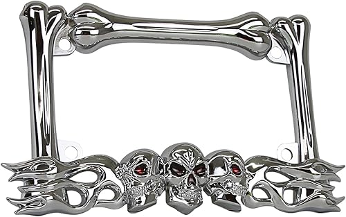 LPF260-C - Marco de matrícula de motocicleta con acabado cromado y diseño de llamas y huesos de calavera 3D