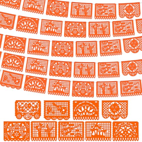 Image of VitalCozy 4 Pack 59 ft Mexican Papel Picado Banner Plastic Mexican Talavera Party Fiesta Banner Wedding Hanging Decorations for Cinco De Mayo Cielito Lindo Party Supplies(Orange)