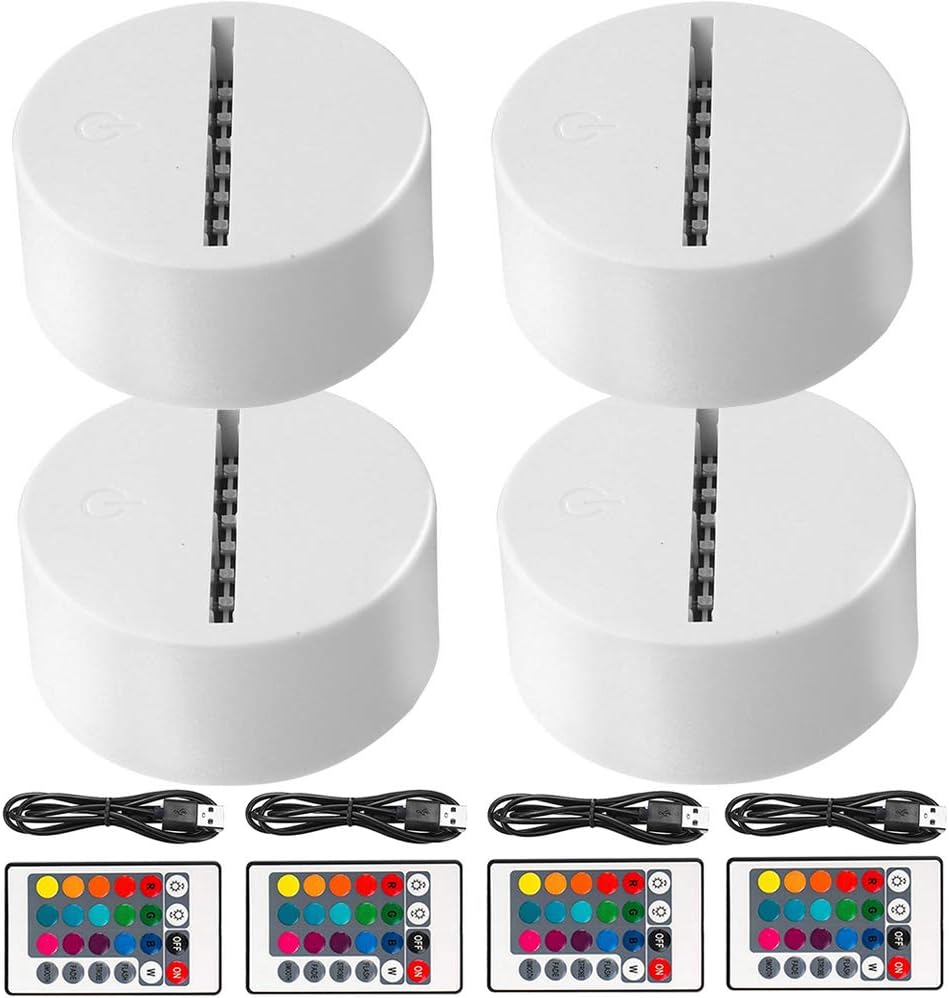 4-Pack 3D Night LED Light Base, Large Size LED Base for Acrylic16 Colors LED Light Base with Remote Control and USB Cable for Bedroom Child Room Restaurant Shop(4-Pack White)