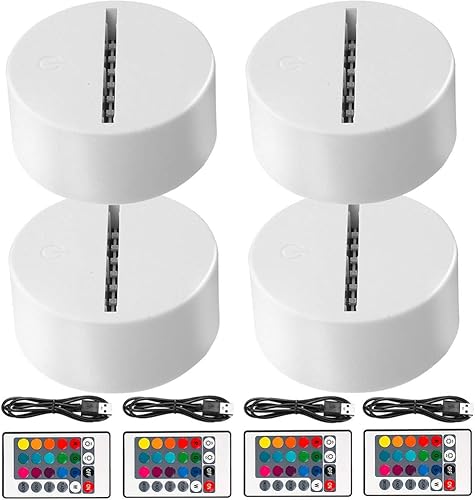 Paquete de 4 bases de lámpara LED de noche 3D + control remoto + acrílico en blanco + cable USB ajustable 7 colores decoración Maison luces