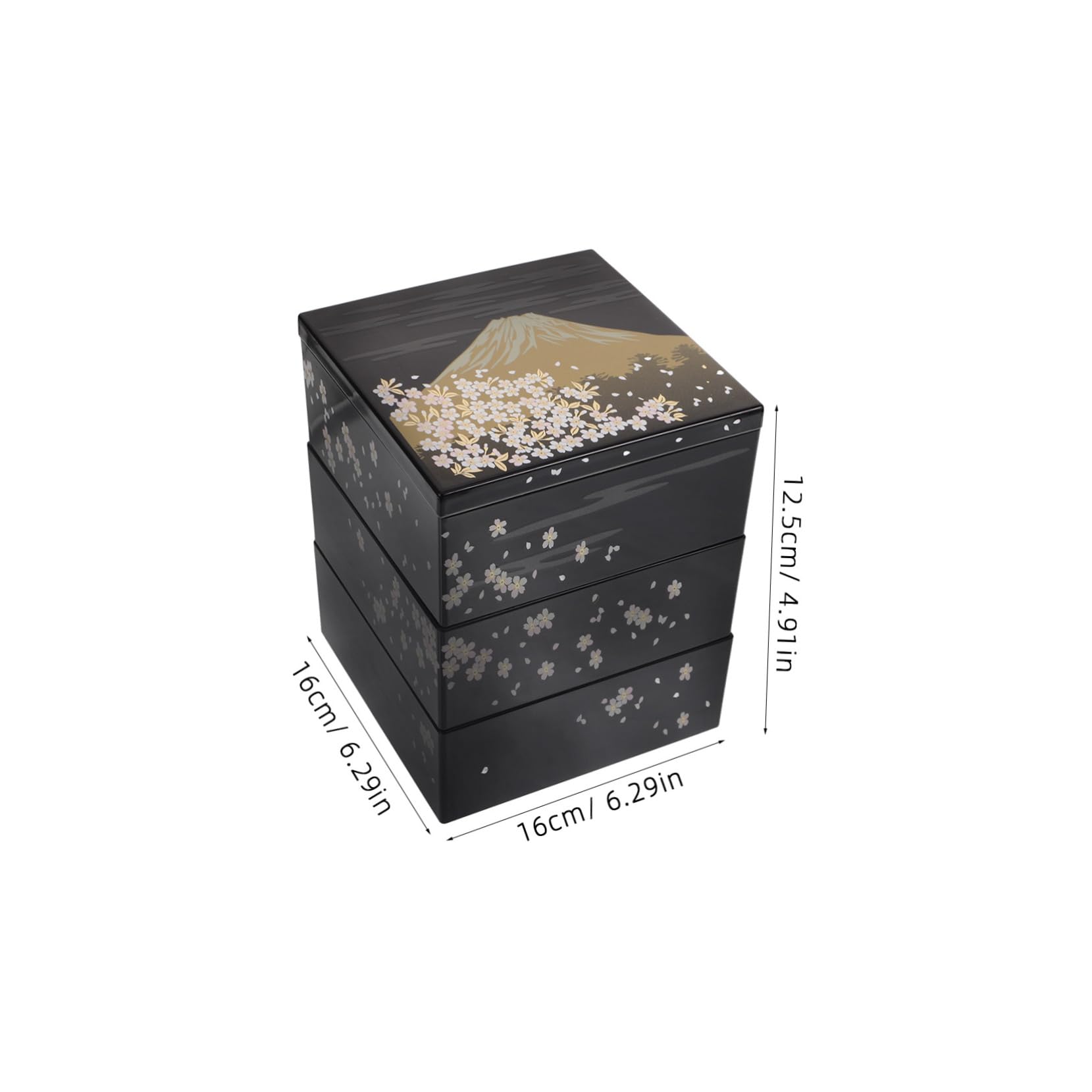 Boîte Bento Japonaise à Sushi, 3 Niveaux, Plastique Noir, Motif Mont Fuji, Réutilisable, pour Déjeuner et Desserts, Usage Quotidien