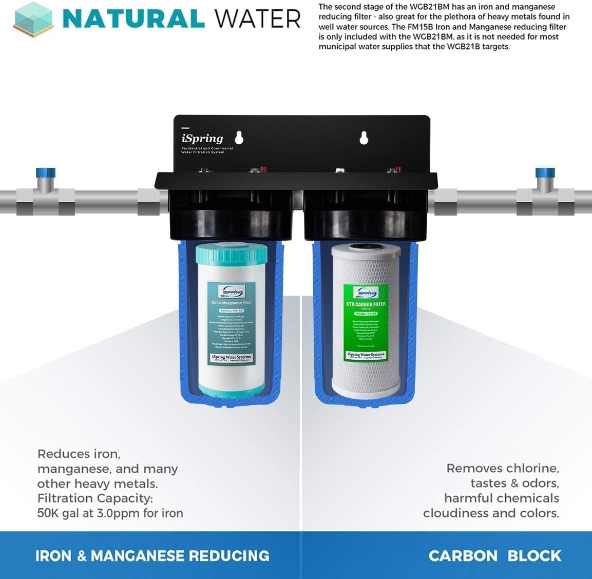 iSpring F2WGB21BM Whole House 4.5"x10" Water Filtration CTO Carbon Block and Iron and Manganese Reducing Water Filter Replacement Cartridge Pack Set
