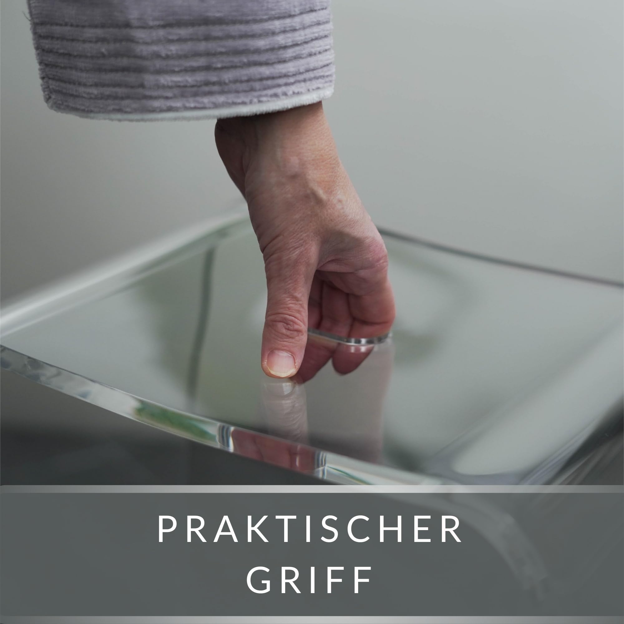 Badhocker Meran XL – transparenter Acrylhocker mit extra großer Sitzfläche – moderner Duschhocker mit Griff und rutschsicheren Gummifüßen – Stabiler Sitzhocker für Bad, Flur