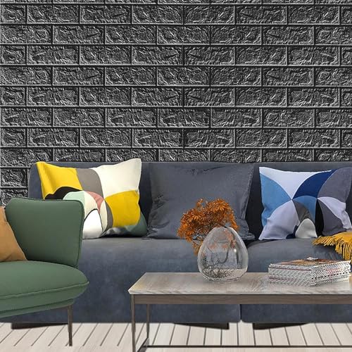 Image of TEKCOOL Self-Adhesive Waterproof PE Foam 3D Wall Panels Wallpaper Sticker for Bathroom, Living Room, and Home Decoration (70 x 77cm, Appx. 5.8Sq Feet)-25 Piece-Black.