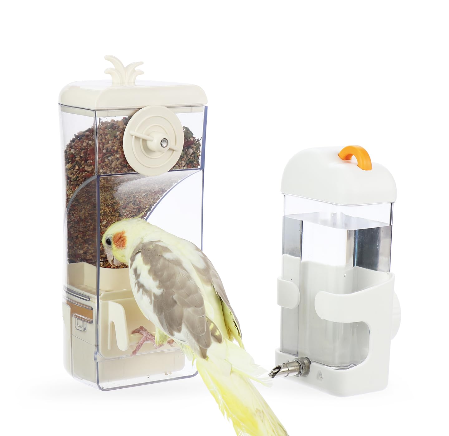 No-Mess Bird Feeder & Waterer Set for Cage, 300ml Auto Feeder with Seed Hull Catcher & 400ml Stainless Steel No-Backflow Drinker, for Cockatiels Conures Parakeets