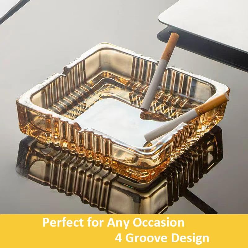 Handmade Glass Ashtray, Ashtray Ash Holder for Indoor or Outdoor Patio Desktop Office Smokers, Ash Tray for Tabletop Home Office Decor (Amber, XL)