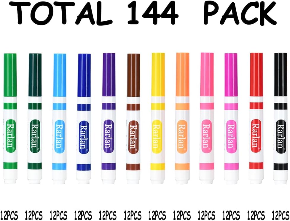 rarlan washable markers bulk, markers for kids, classpack, 12 colors,12 boxes, 144 count