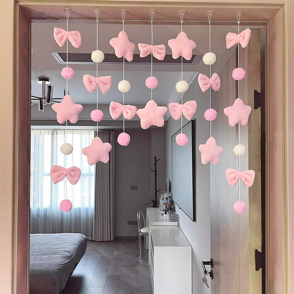 HASTHIP® 7Pcs DIY Pink Plush Hanging Garland Set with Suction Cups, Stringed Decorative Door Hanging Ornament, Soft Star Bow & Pom-Pom Decorative Garlands, Pastel Nursery Door Decor-image-23