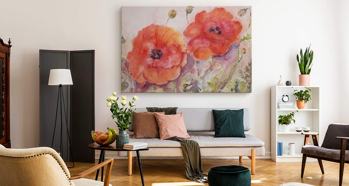 Muralo Wandbild Blumen, Mohnblumen, Natur, Landschaft - 90x60 cm | Leinwandbild, Modernes Design, hochauflösender Druck - ideal für Schlafzimmer und Wohnzimmer, Frühlingsflair das ganze Jahr