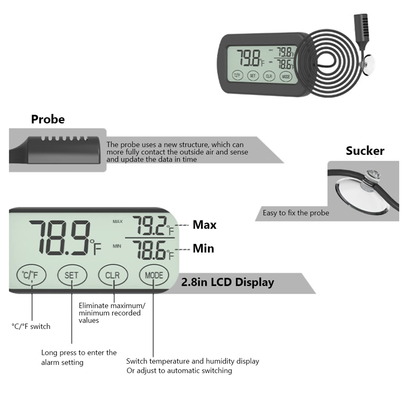 Thermomètre et hygromètre LCD pour couveuse d’œufs, moniteur numérique température humidité avec ventouse