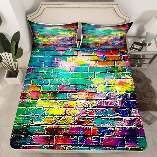 Colorful Brick Wall Bed Sheet Set Wall Graffiti Art Bedding Set Hippie Style Fitted Sheet for Boys Girls Teens Bedroom Decor Grunge Design Bed Cover Twin Size with 1 Pillow Case
