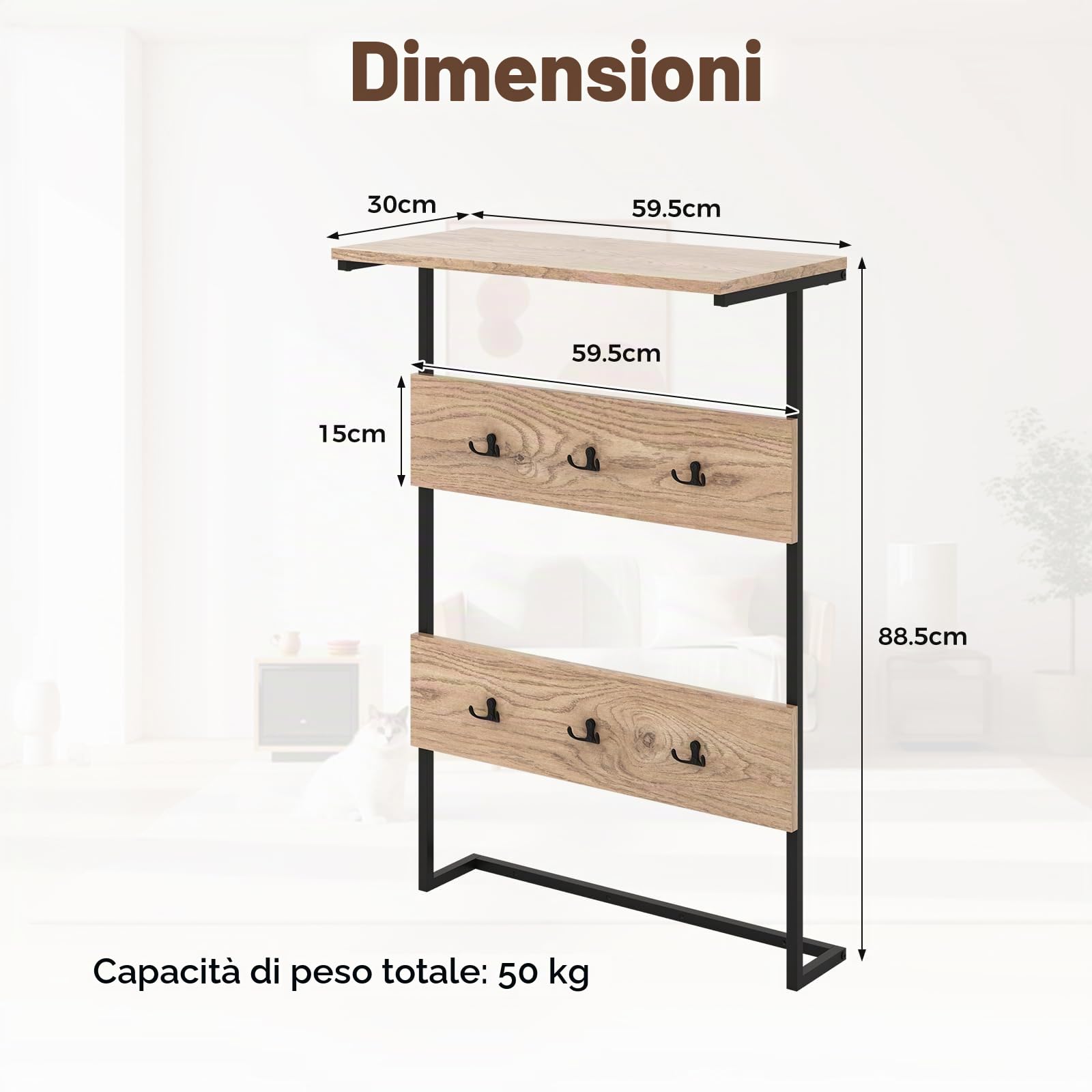 HOMASIS Appendiabiti da Parete Con Mensola in Metallo, 6 Ganci e Ripiano di Presentazione, Poco Ingombrante per Ingresso, Camera da Letto, S