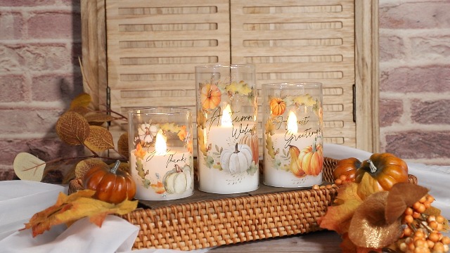 Image of Pumpkin Fall Leaves Flameless Candles with Remote, Real Wax Battery Operated Flickering Candles, Set of 3, Thanksgiving Autumn Decor
