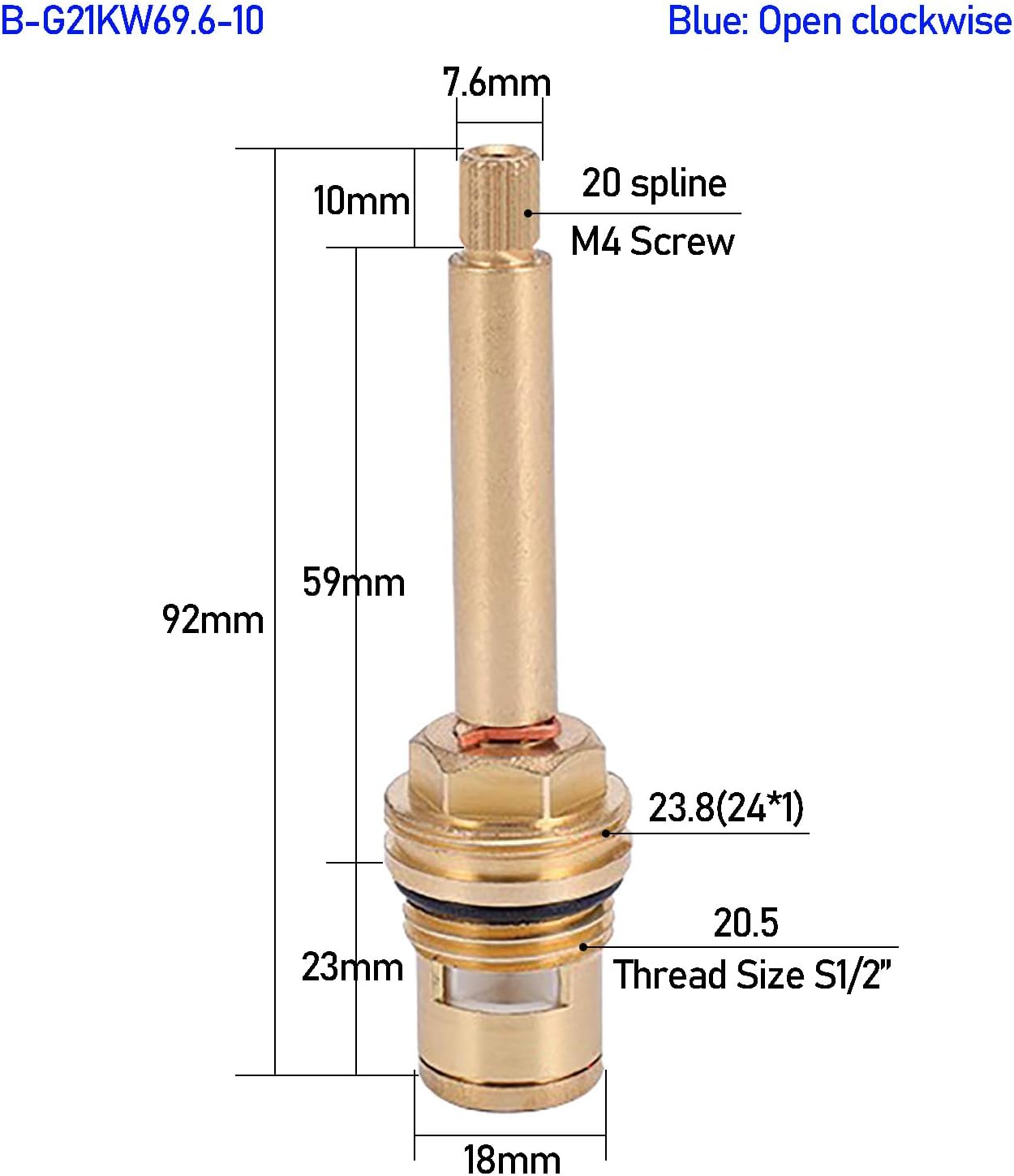 Brass Ceramic Stem Disc Cartridge Faucet Valve Replacement Quarter Turn G1/2" X 82mm x 10mm Spline Length, 20 Teeth for Bathroom Kitchen Taps (FF-92MM-Red+Blue)