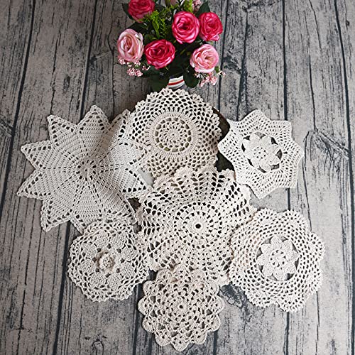 Toseey 8Pcs 100% Cotton Hand Crochet Doilies ， Varied Sizes, 5-10 Inches For Table Decoration Vintage Wedding Tea Party (Beige) #TOP5
