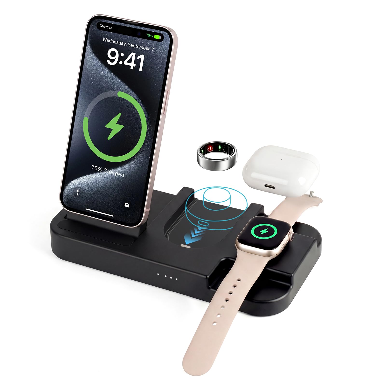 Estación de carga 4 en 1 para cargador Oura Ring Gen 3 (cargador de anillo Oura no incluido), cargador rápido de 15 W para iPhone, Apple Watch, AirPods, cargador magnético inalámbrico para