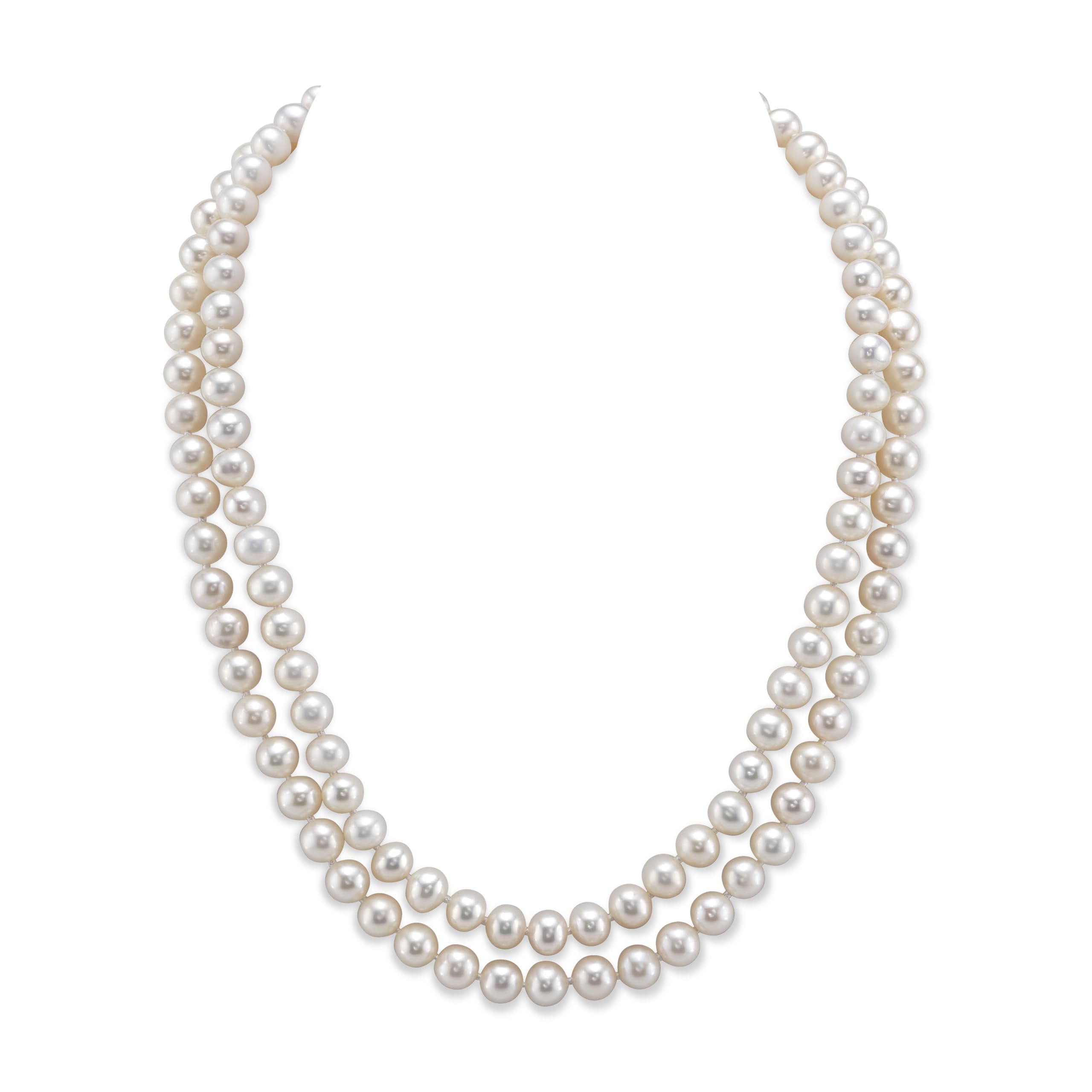 The Pearl Source Freshwater Pearl Double Strand Necklace for Women, White Cultured Pearl, 18 inch Princess Length, AAA Grade, Sterling Silver, Classic