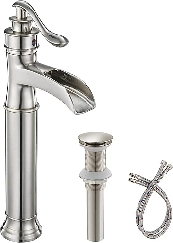 Grifo de baño para lavabo, de níquel cepillado, tipo cascada, comercial, boquilla ancha, manija única, orificio único, con tapón de drenaje