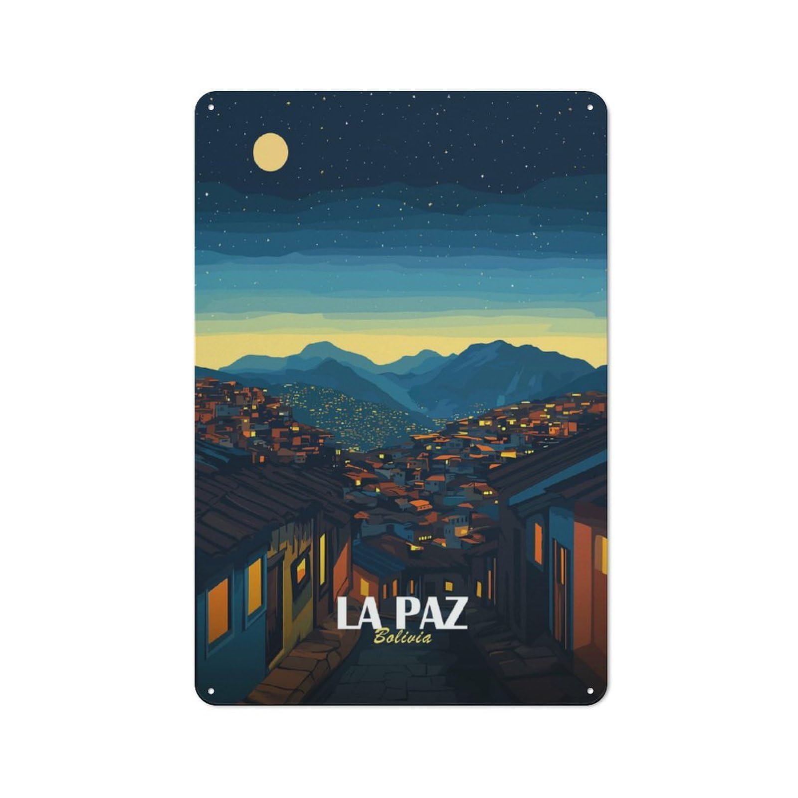 Junmoney Style-6 Tin Wall Plaque 30X20cm With La Paz, Bolivia Nightscape Illustration For Workshop Wall, Housewarming Wall Decor For People Furnishing Workshop