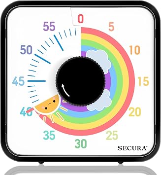 Secura 60-Minute Visual Timer, 7.5 Inch Magnetic Rainbow Countdown Timer for Classroom or Kitchen, Durable Mechanical Timer Clock with Magnetic Backing Black & Sun