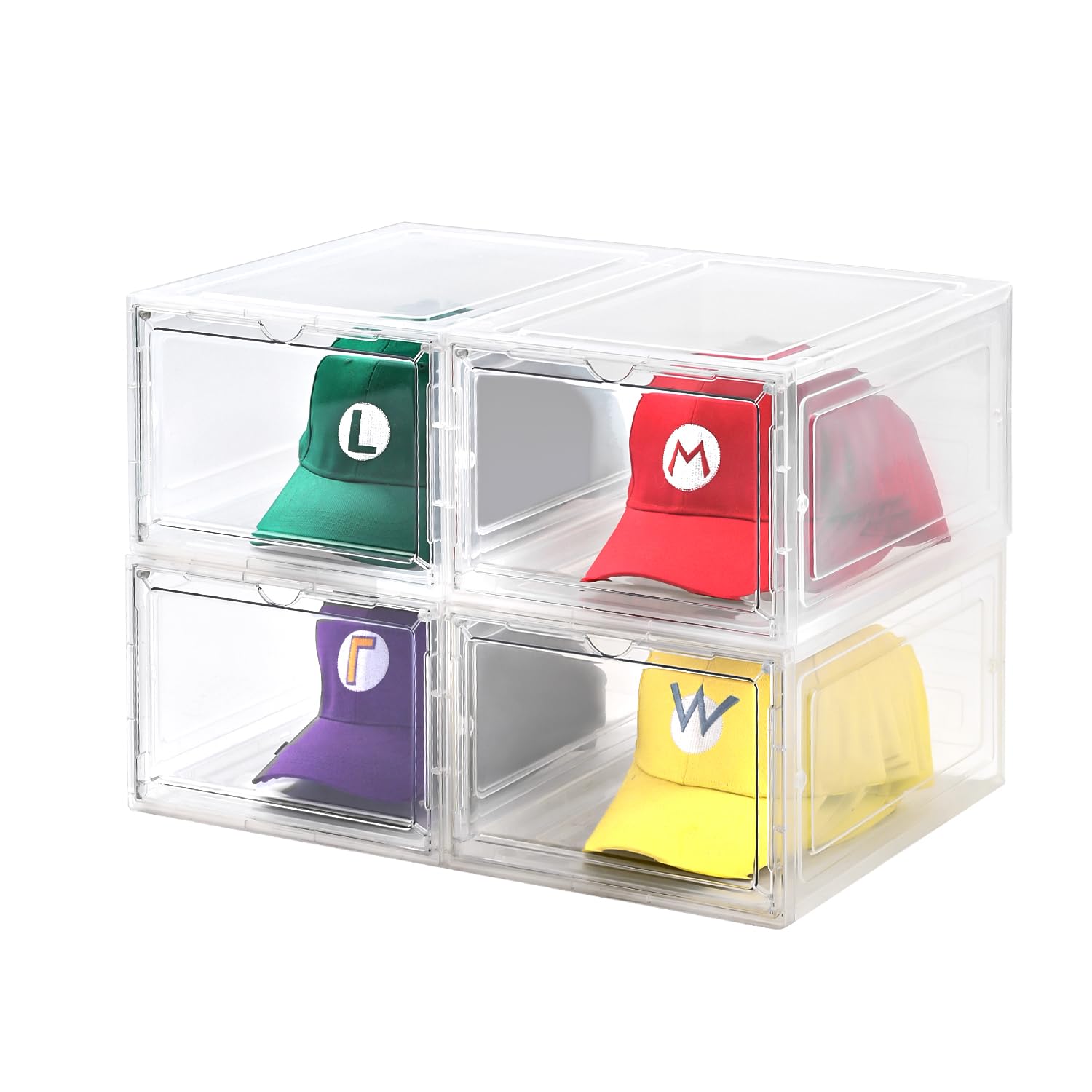 4 Pack Clear Stackable Hat Storage Box with Magnetic Door, Holds 10 Hats Each for Men & Women
| Clear Hat Organizer Box 