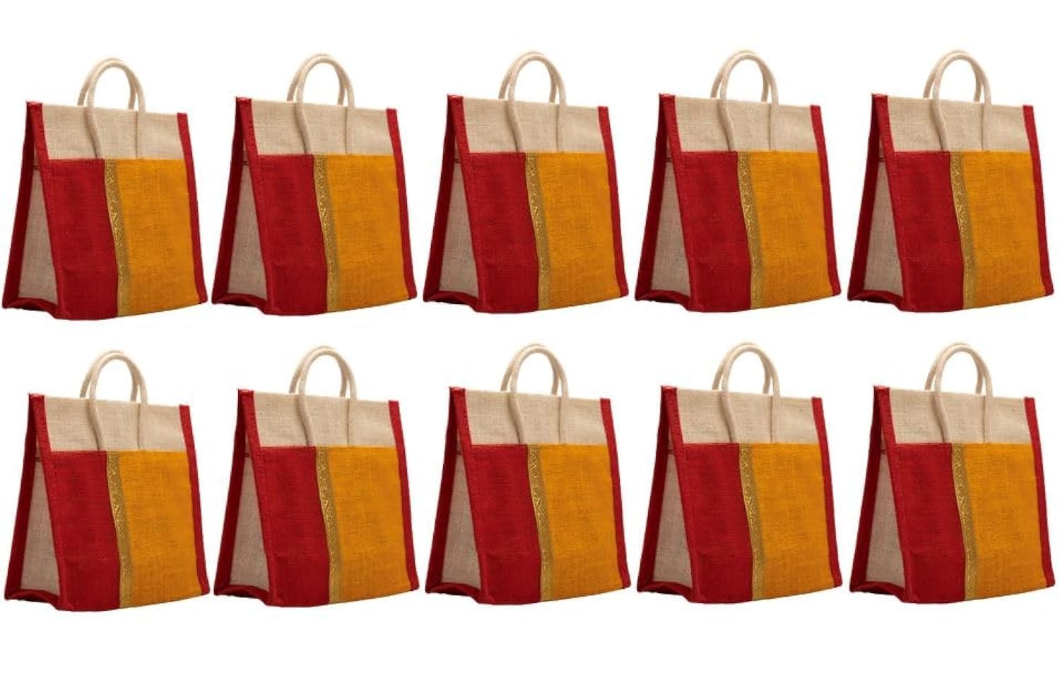 SOMANSoman Jute Thamboolam Bags for return gifts Golden Yellow and Red combo - Set of 10