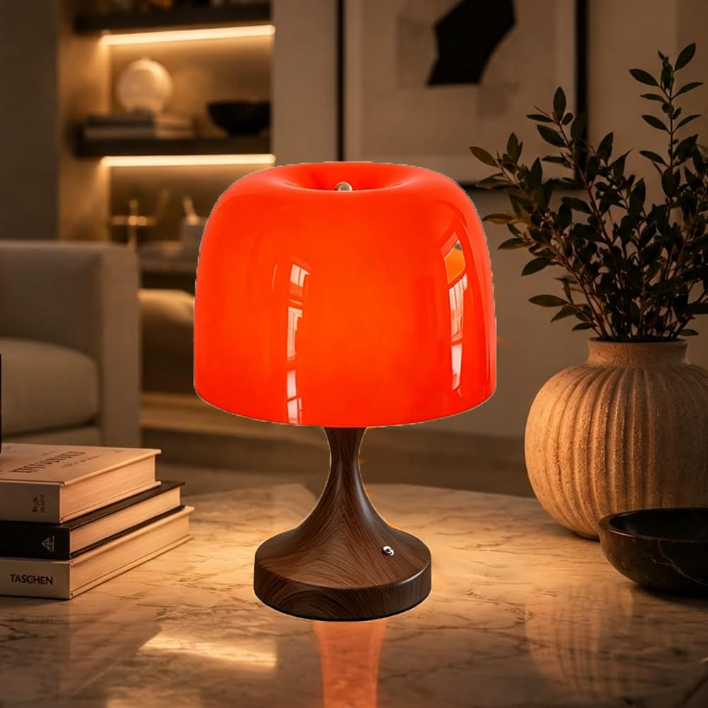 LED Orange Pilzlampe Akku Kabellose Tischlampe Pilz Glas Lampenschirm Batteriebetriebene Pilz Lampe USB Aufladung Innen 3 Helligkeitsstufen Tischleuchte USB Wiederaufladbarem Wohnzimmerlampe