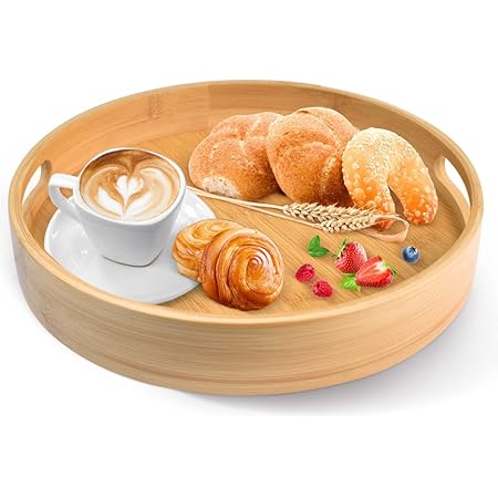 QINERSAW Rundes Tablett aus Bambus φ30cm Bambus Serviertablett rund
