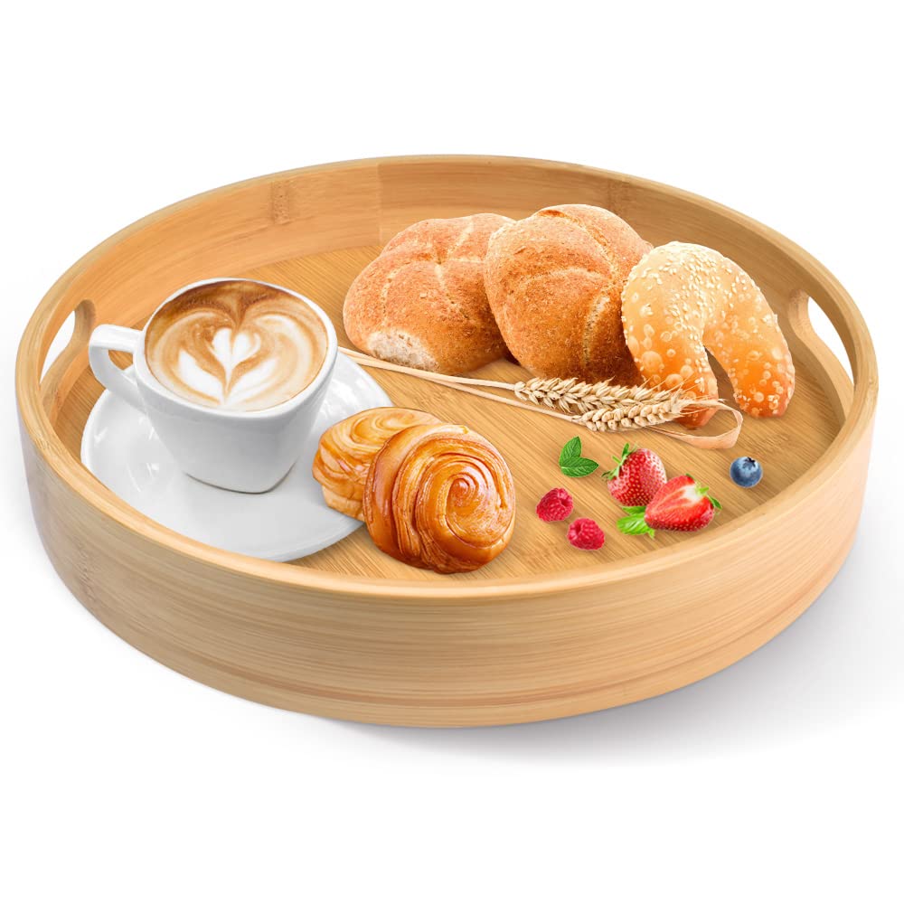 Rundes Bambus-Serviertablett Mit Griffen – Frühstücks-Tablett Für Kaffee, Tee & Snacks (30x30cm)